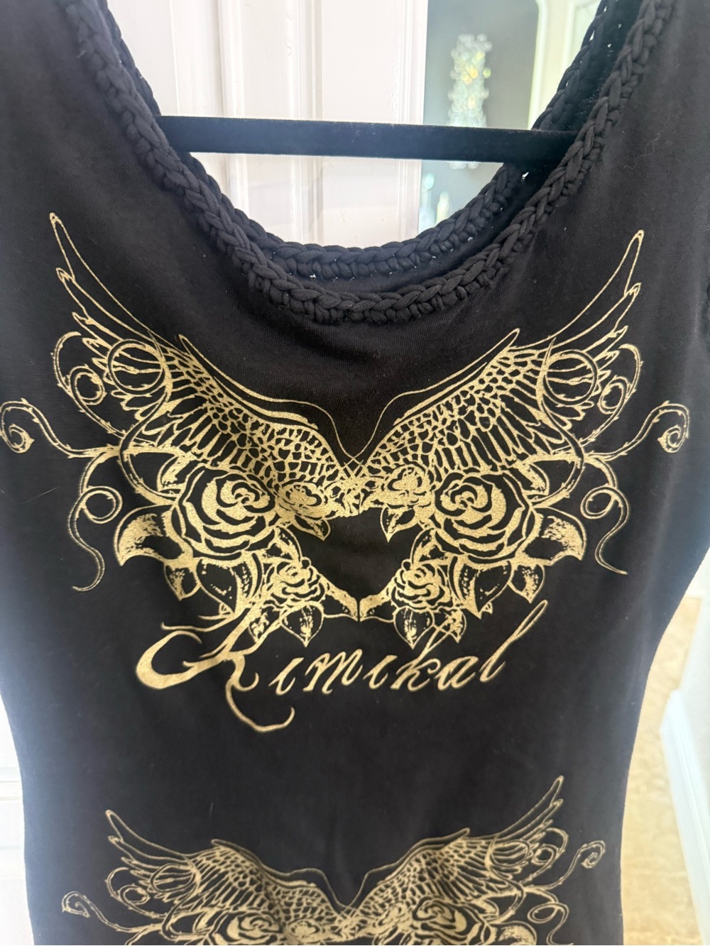 Kimikal Mika Yoga Wear Black Tank with Metallic Gold Winged Rose Graphic